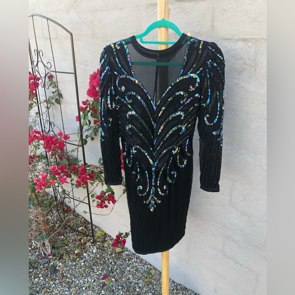 Vintage mesh sequin beaded silk mini dress with long sleeve holiday sparkle - Picture 10 of 16